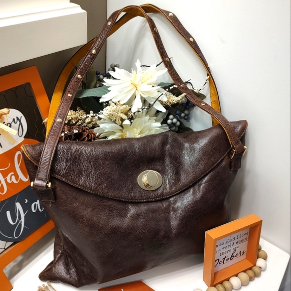 Anya Ponorovskaya Genuine Distressed Leather Shoulder Satchel Hobo Bag, Chocolat - Picture 5 of 9